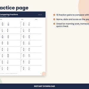 Puede incluir: Una hoja de ejercicios titulada Comparing Fractions con diecis&eacute;is pares de fracciones para comparar usando s&iacute;mbolos de menor que, mayor que o igual. La p&aacute;gina incluye campos para nombre, fecha y puntuaci&oacute;n, con un encabezado azul oscuro.