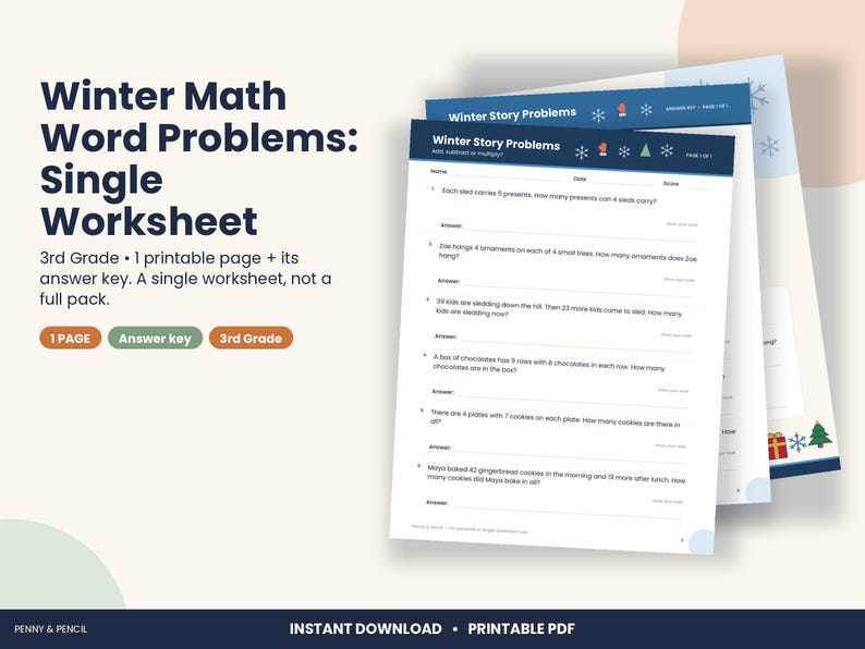 Christmas Math Word Problems Worksheet, 3rd Grade Winter (PDF Download) image 1