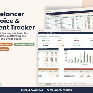 Freelancer Invoice Tracker Spreadsheet, Clients and Time Log for Excel & Google Sheets image 1