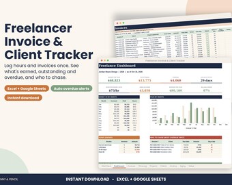 以下が含まれることがあります： ExcelおよびGoogleスプレッドシート用のFreelancer Invoice & Client Trackerデジタルテンプレート。インターフェースには、財務指標、棒グラフ、クライアント名や日付の列を含む請求書ログを備えたダッシュボードが表示されています。