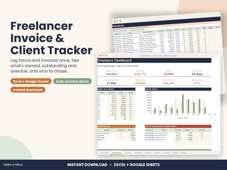 Freelancer Invoice Tracker Spreadsheet, Clients and Time Log for Excel & Google Sheets image 1