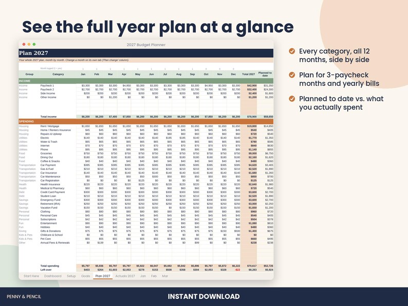 2027 Budget Planner Spreadsheet, Annual Budget with Monthly Tabs for Excel & Google Sheets image 4