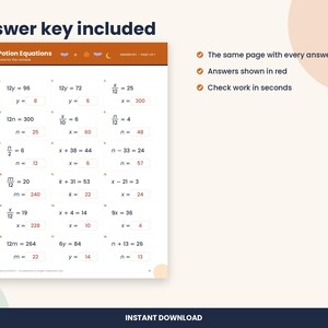Op de afbeelding: Een Potion Equations wiskundewerkblad met vijftien algebra&iuml;sche opgaven met variabelen. De koptekst is donkeroranje met kleine iconen. Elke vergelijking heeft een antwoordvakje dat is ingevuld met rode tekst.
