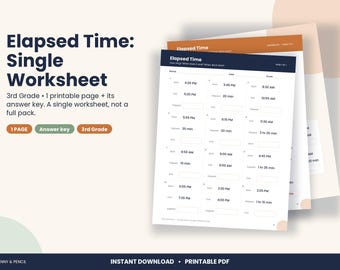 May include: A printable educational worksheet titled Elapsed Time: Single Worksheet for 3rd grade. The document includes a header with fields for name, date, and grade, followed by a series of math problems calculating start, end, and elapsed times.