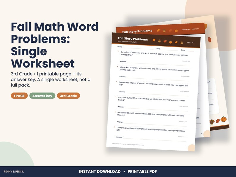 Thanksgiving Math Word Problems Worksheet, 3rd Grade Fall (PDF Download) image 1