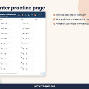 Hoja de ejercicios de resta navideña hasta 20, matemáticas de invierno para primer grado (descarga en PDF) imagen 2