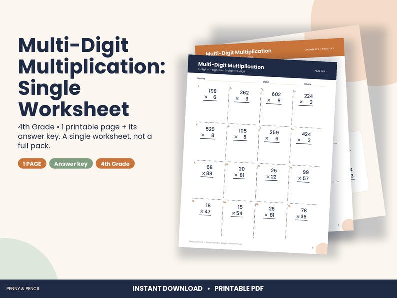 4th Grade Multi-Digit Multiplication Worksheet, 3x1 and 2x2 Digit (PDF Download) image 1
