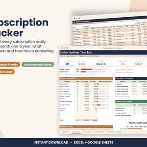 May include: A digital subscription tracker spreadsheet for Excel and Google Sheets. The interface displays a dashboard with charts, tables, and metrics for monthly and yearly costs, renewal dates, and potential savings, featuring text labels like Subscription Tracker.