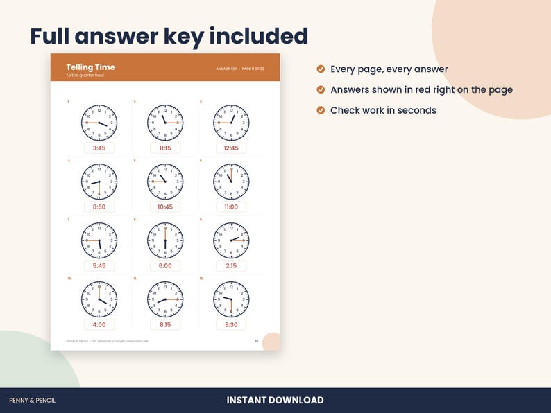 Telling Time Worksheets, 1st to 3rd Grade, 20 Pages with Answer Key (PDF Download) image 3