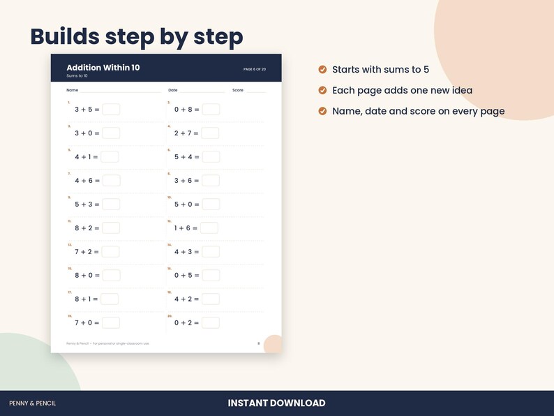 Kindergarten Addition Within 10 Worksheets, 20 Pages with Answer Key (PDF Download) image 2