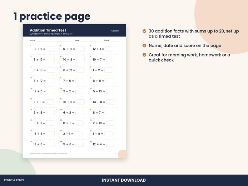 1st Grade Addition Within 20 Timed Test Worksheet (PDF Download) image 2