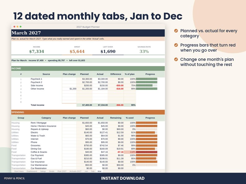2027 Budget Planner Spreadsheet, Annual Budget with Monthly Tabs for Excel & Google Sheets image 3