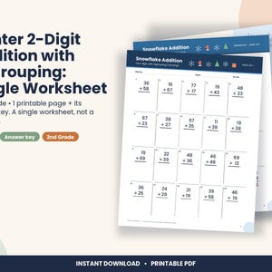 Pu&ograve; includere: Una scheda didattica stampabile intitolata Winter 2-Digit Addition with Regrouping con venti problemi di matematica in una griglia. L'intestazione presenta icone di fiocchi, guanti, alberi e regali su sfondo blu.