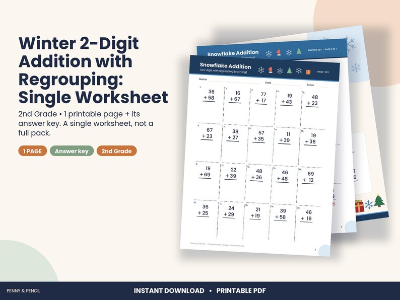 Pu&ograve; includere: Una scheda didattica stampabile intitolata Winter 2-Digit Addition with Regrouping con venti problemi di matematica in una griglia. L'intestazione presenta icone di fiocchi, guanti, alberi e regali su sfondo blu.