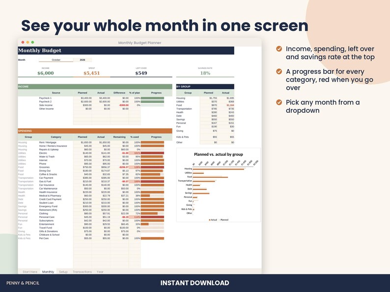 Monthly Budget Planner Spreadsheet with Dashboard for Excel & Google Sheets image 2