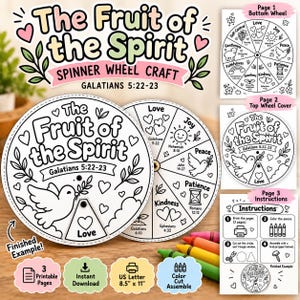 Puede incluir: Una manualidad de rueda giratoria de papel en blanco y negro titulada The Fruit of the Spirit Galatians 5:22-23. El diseño circular presenta una paloma, corazones y secciones con virtudes como Love, Joy y Peace. Incluye 3 páginas imprimibles.
