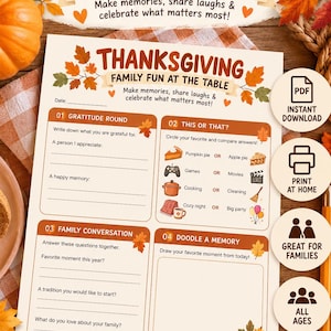 Puede incluir: Una hoja de actividades de Acción de Gracias con cuatro secciones: Gratitude Round, This or That, Family Conversation y Doodle a Memory. El papel blanco incluye texto naranja, ilustraciones de hojas de otoño y espacios para escribir y dibujar.