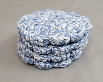 Crochet Coaster Set, 4 Blue and White Coasters Made from Reclaimed Yarn, Jasmine Stitch Coaster