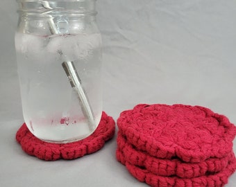 Crochet Coaster Set, 4 Red Coasters Made from Reclaimed Yarn, Jasmine Stitch Coaster