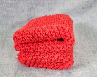 Washcloth Set, 2 Red Face Cloths Knit from 100% Reclaimed Cotton Yarn