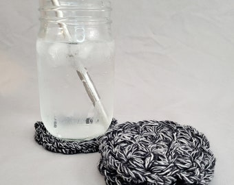 Crochet Coaster Set, 4 Black and White Coasters Made from Reclaimed Yarn, Jasmine Stitch Coaster