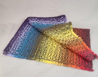 Handtowel, Handwoven with Reclaimed Yarn, Rainbow Gradient, Extra Thick Grey Diamond Design