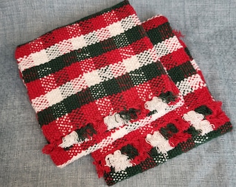 Set of 2 Handwoven Kitchen / Hand Towels Red Green White Plaid