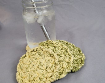 Crochet Coaster Set, 4 Gradient Coasters Spring Green to Buttery Yellow Made from Reclaimed Yarn, Jasmine Stitch Coaster