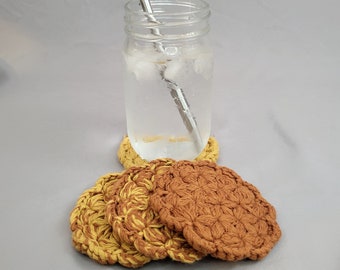 Crochet Coaster Set, 4 Gradient Coasters Mustard to Burnt Orange Made from Reclaimed Yarn, Jasmine Stitch Coaster