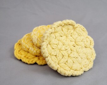 Crochet Coaster Set, 4 Gradient Coasters Sunshine Yellow to Buttery Yellow Made from Reclaimed Yarn, Jasmine Stitch Coaster