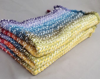 Hand Towel, Handwoven with Reclaimed Yarn, Rainbow Gradient, Extra Thick White Chevron