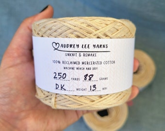 DK Weight Mercerized Cotton Yarn, 100% Reclaimed Yarn, Off White or Ivory