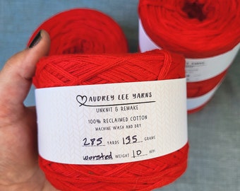 Worsted Weight Cotton Yarn, 100% Reclaimed Yarn, Red