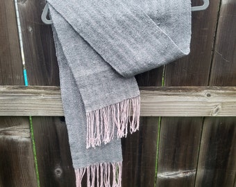 Grey Wool Scarf with Light Pink Fringe, Handwoven with Reclaimed Yarn