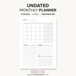 Pode incluir: Um planejador mensal sem data em PDF imprimível com grade de calendário, lista de tarefas, seção de prioridades e caixa de notas. O texto diz UNDATED MONTHLY PLANNER, 4 COLORS, 4 SIZES, PRINTABLE PDF.