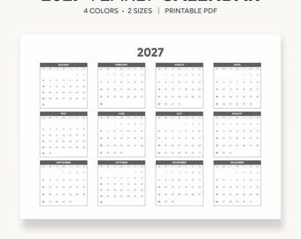 May include: A 2027 yearly calendar printable PDF featuring twelve monthly grids arranged in four rows of three. The header reads 2027 YEARLY CALENDAR, 4 COLORS, 2 SIZES, PRINTABLE PDF. Four small circles in blue, gray, pink, and brown appear below.