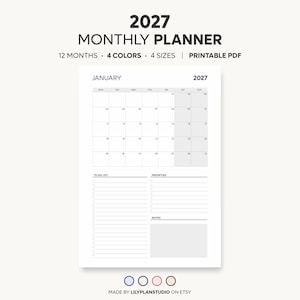 2027 Monthly Planner on One Page, Monthly Organizer, Monthly Agenda, Month at a Glance, Printable & Fillable, A4/A5/Letter/Half