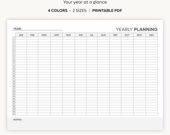 Può includere: Un modello di pianificatore annuale stampabile con un layout a griglia che presenta colonne per i mesi da gennaio a dicembre e righe per i giorni da 1 a 31. L'intestazione riporta YEARLY PLANNER e il piè di pagina include una sezione note.