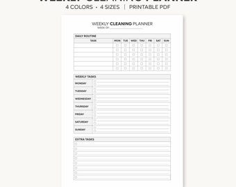 Può includere: Un pianificatore settimanale di pulizie stampabile con sezioni per routine giornaliere, compiti settimanali e compiti extra. L'intestazione recita WEEKLY CLEANING PLANNER. Quattro cerchi colorati appaiono nella parte inferiore.