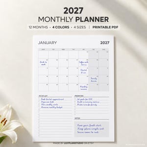 2027 Monthly Planner on One Page, Monthly Organizer, Monthly Agenda, Month at a Glance, Printable & Fillable, A4/A5/Letter/Half