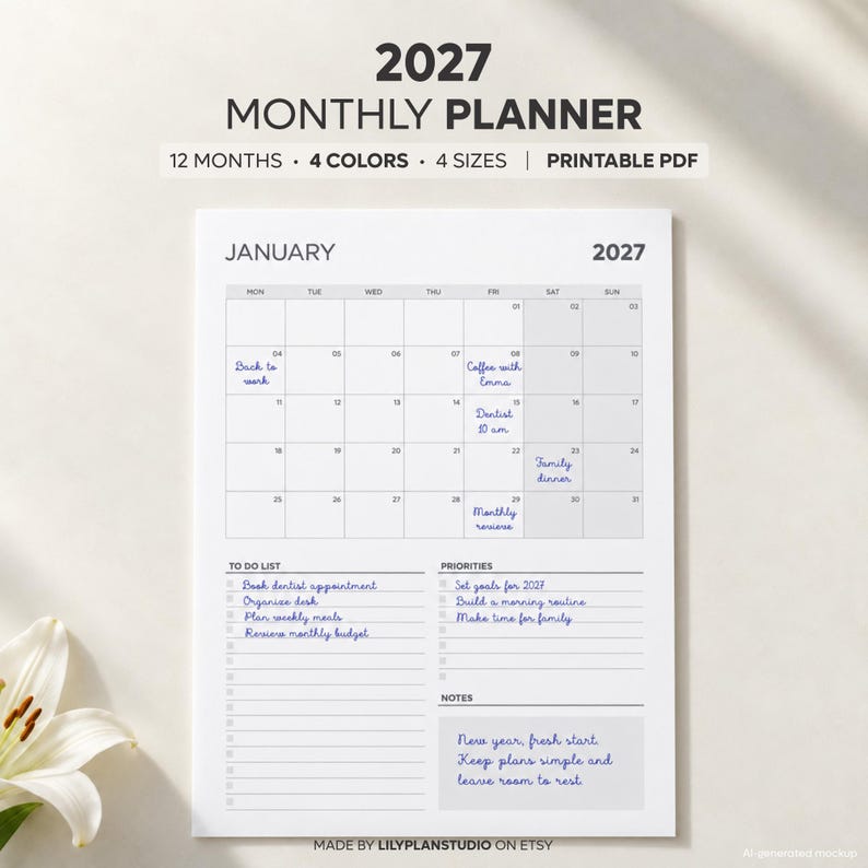 2027 Monthly Planner on One Page, Monthly Organizer, Monthly Agenda, Month at a Glance, Printable & Fillable, A4/A5/Letter/Half