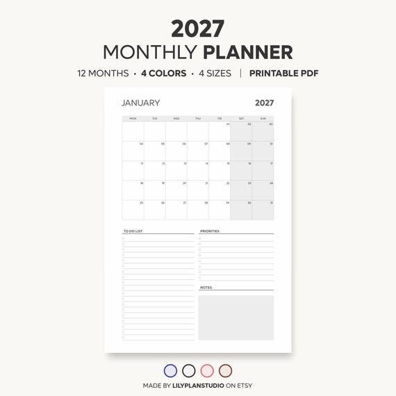 2027 Monthly Planner Printable, Monday Start Calendar, Monthly Organizer with To Do List, A4, A5, US Letter & Half Letter