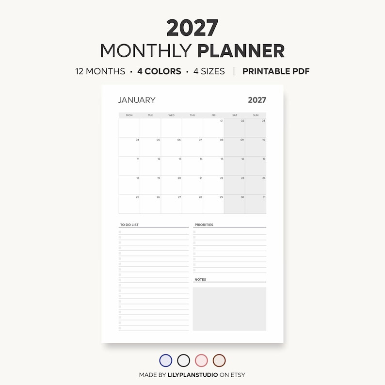 2027 Monthly Planner on One Page, Monthly Organizer, Monthly Agenda, Month at a Glance, Printable & Fillable, A4/A5/Letter/Half
