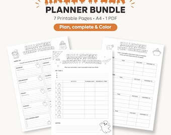 May include: A Halloween planner bundle featuring 7 printable A4 pages in one PDF. The pages include a weekly planner, activity planner, and prep checklist with black and white line art of ghosts, pumpkins, and bats for coloring.