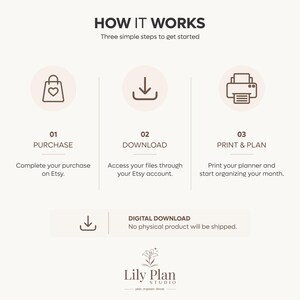May include: An instructional graphic titled HOW IT WORKS with three steps: 01 PURCHASE with a shopping bag icon, 02 DOWNLOAD with a download icon, and 03 PRINT & PLAN with a printer icon. Includes a DIGITAL DOWNLOAD notice and Lily Plan Studio logo.