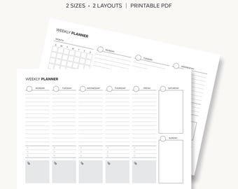Può includere: Un pianificatore settimanale stampabile con due layout distinti su carta bianca. Il testo recita WEEKLY PLANNER, 2 SIZES, 2 LAYOUTS, PRINTABLE PDF e MADE BY LILYPLANSTUDIO ON ETSY. I fogli includono colonne per i giorni della settimana.