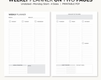 Può includere: Un modello di agenda settimanale su due pagine in formato PDF stampabile con inizio lunedì. Il layout include sezioni per lunedì a domenica, priorità settimanali, note, un tracker delle abitudini e il testo WEEKLY PLANNER ON TWO PAGES.
