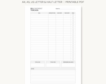 Può includere: Un documento stampabile per il monitoraggio dei pagamenti delle fatture in bianco con testo nero. L'intestazione recita BILL PAYMENT TRACKER, A4, A5, US LETTER & HALF LETTER | PRINTABLE PDF. Include colonne per fattura, importo e data.