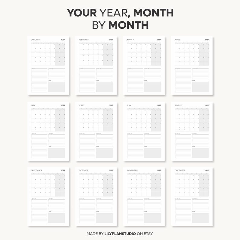2027 Monthly Planner on One Page, Monthly Organizer, Monthly Agenda, Month at a Glance, Printable & Fillable, A4/A5/Letter/Half