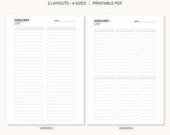 Può includere: Due modelli di lista della spesa stampabili bianchi con testo nero. La versione I presenta due colonne di caselle di controllo a righe. La versione II presenta quattro sezioni a righe. Entrambi includono l'intestazione GROCERY LIST.